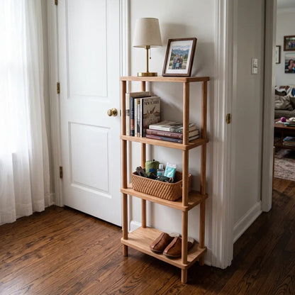 Tall narrow red oak storage shelf beside a doorway with books, baskets and decorative items