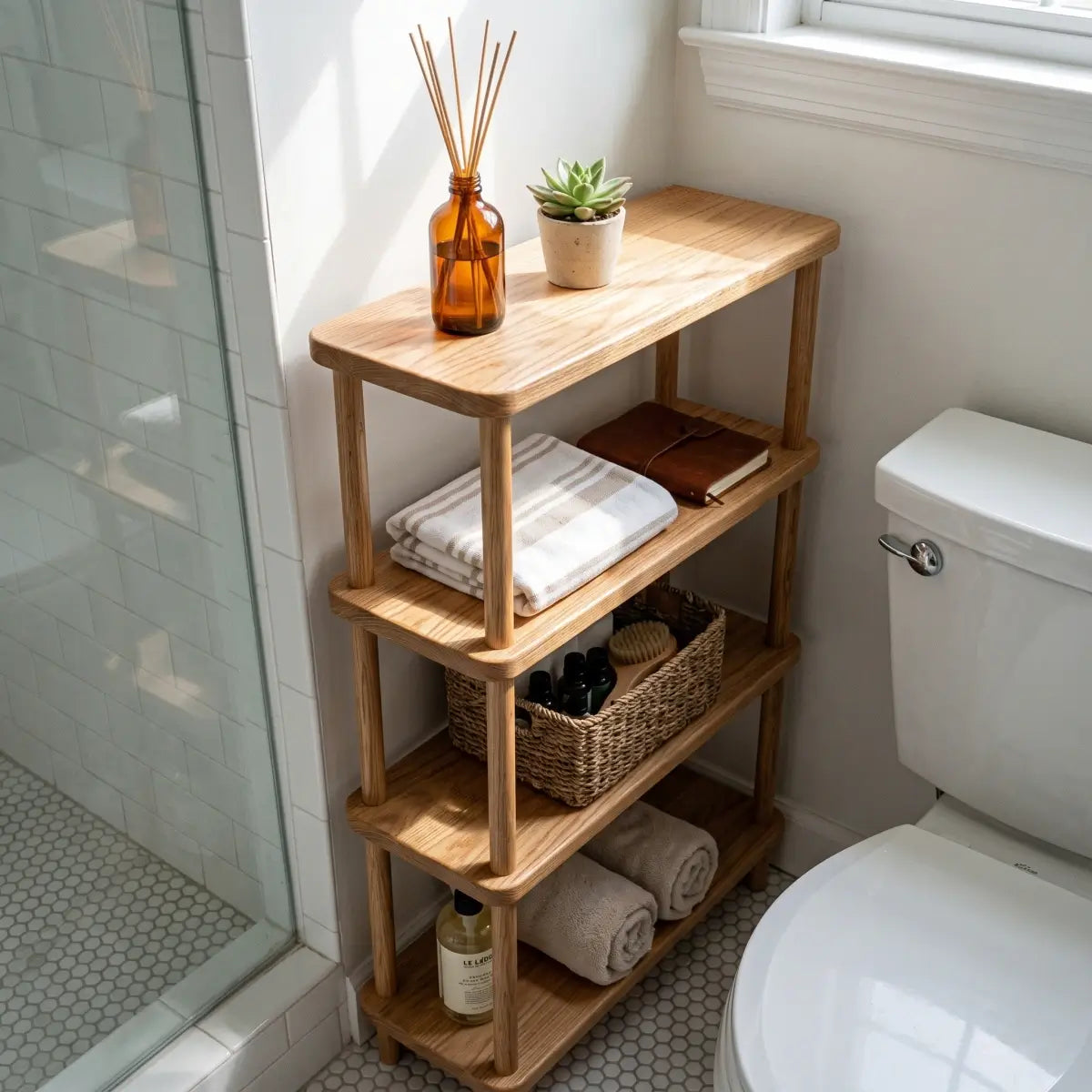 Slim red oak storage shelf beside a toilet with baskets and bathroom essentials
