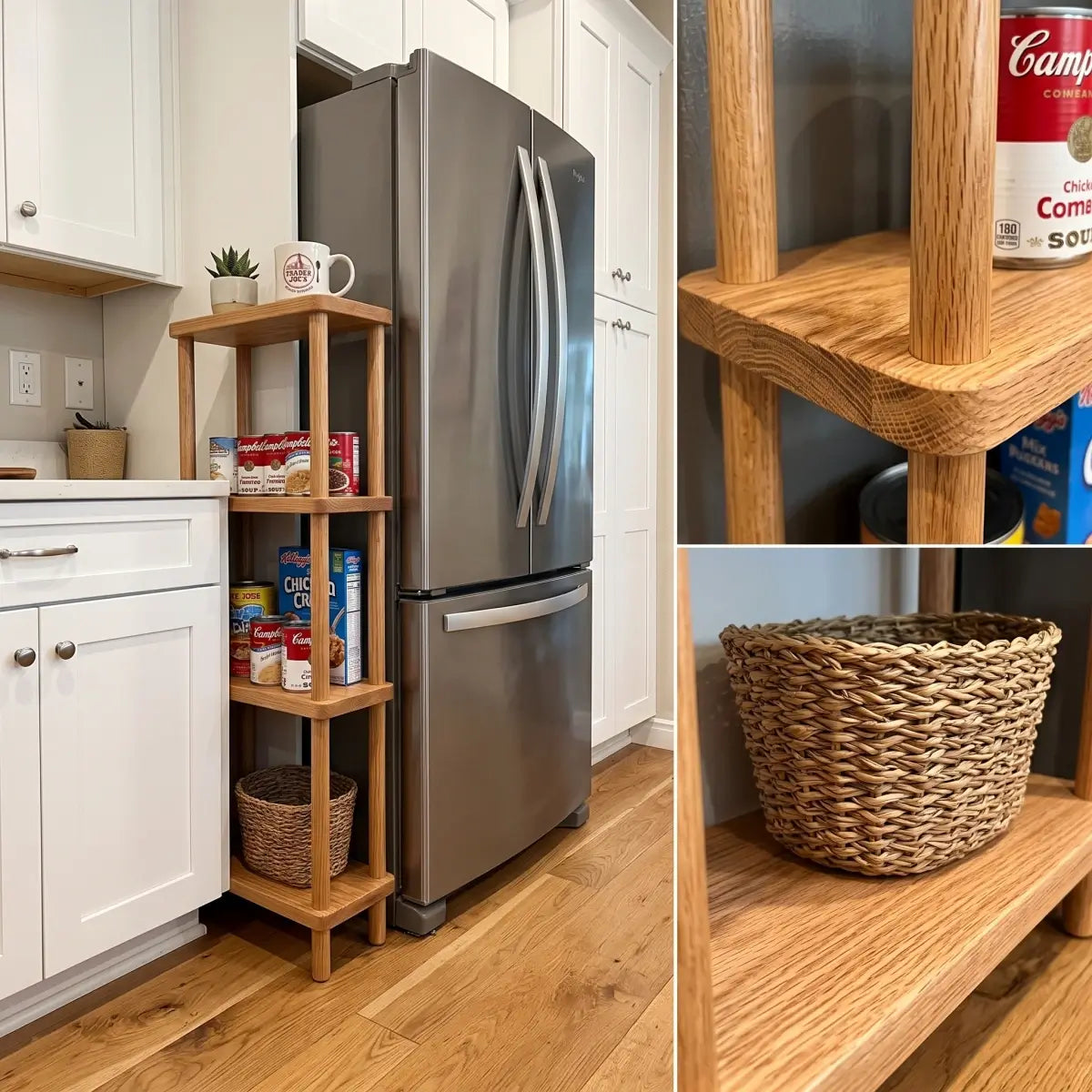Solid red oak slim storage shelf in a kitchen with close-up views of wood grain, shelf edges and round posts
