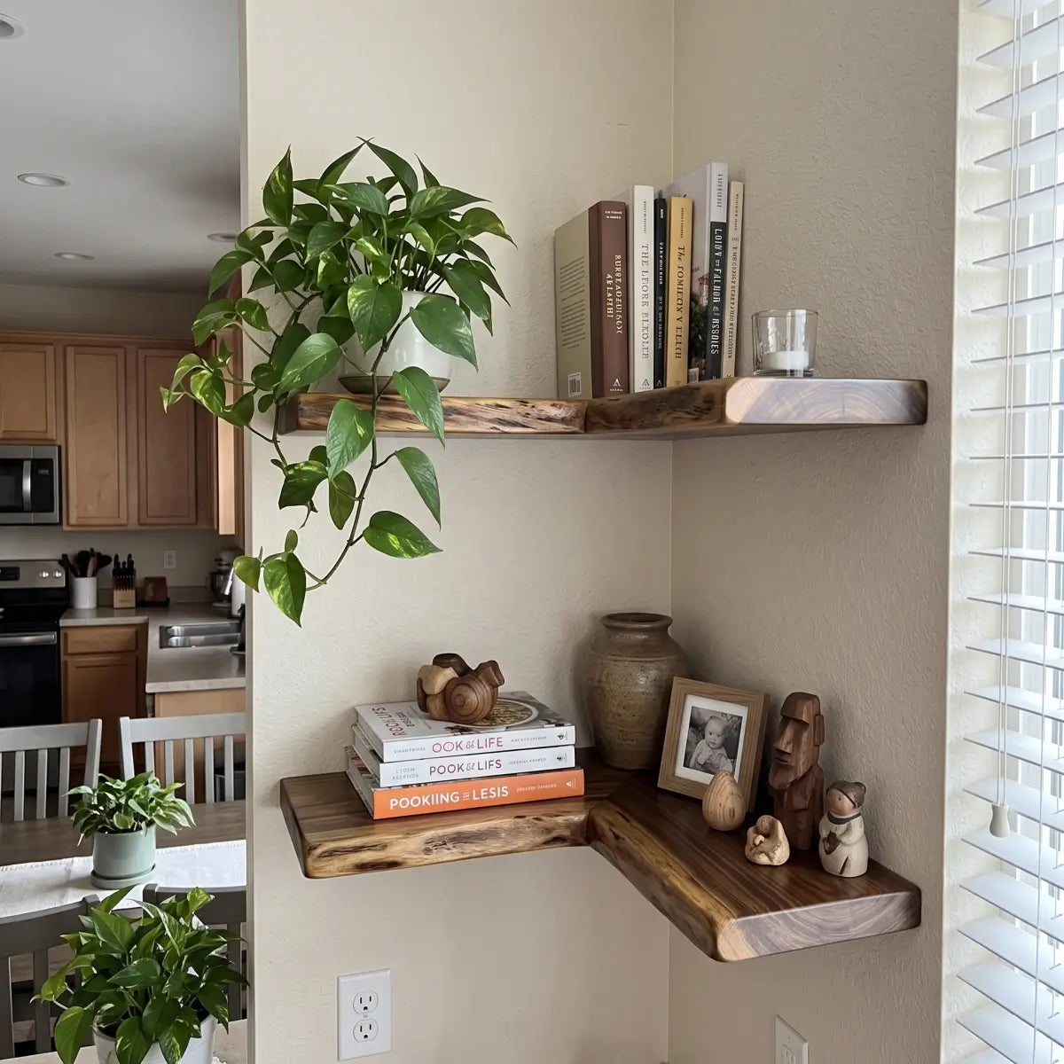 Solid wood L-shaped corner floating shelf with smooth rounded edges
