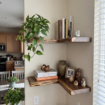 Solid wood L-shaped corner floating shelf with smooth rounded edges