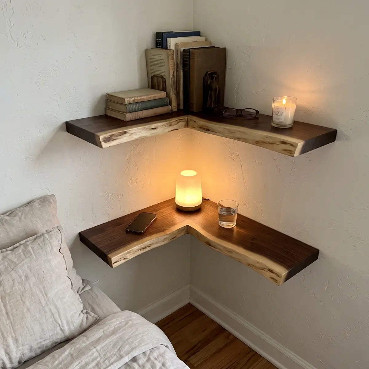 Solid Wood L-Shaped Corner Floating Shelf