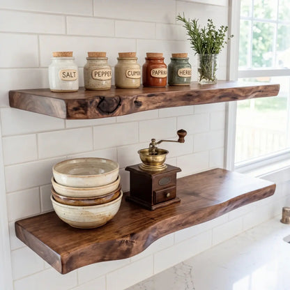 Solid Wood Live Edge Floating Shelf with Hidden Bracket