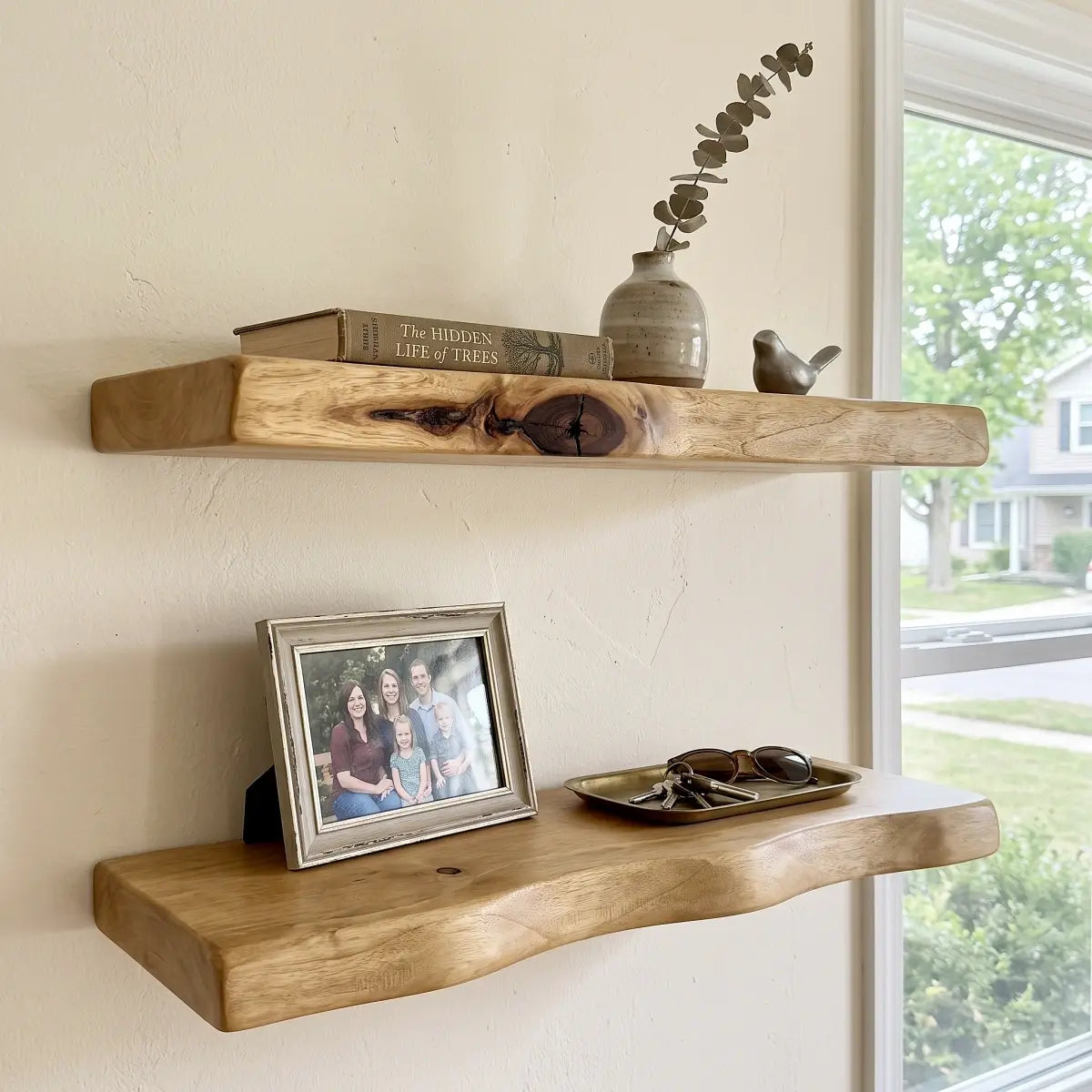 Solid Wood Live Edge Floating Shelf with Hidden Bracket