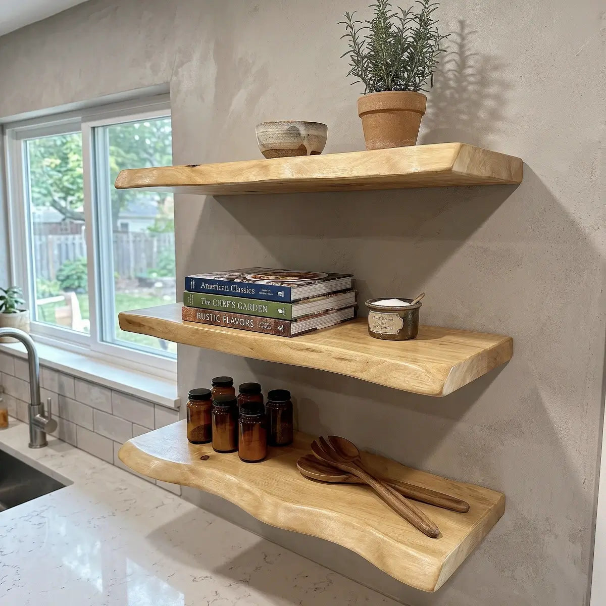 Solid Wood Live Edge Floating Shelf with Hidden Bracket
