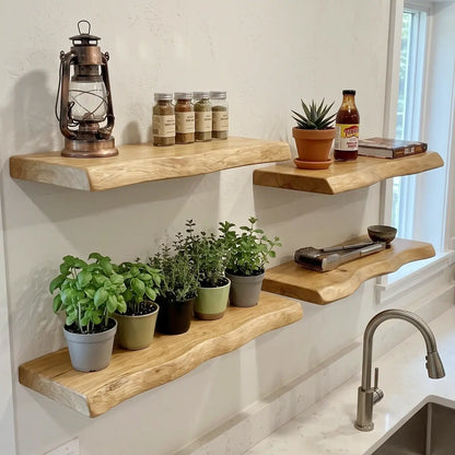 Solid Wood Live Edge Floating Shelf with Hidden Bracket