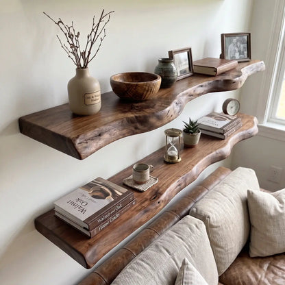 Solid Wood Live Edge Floating Shelf with Hidden Bracket