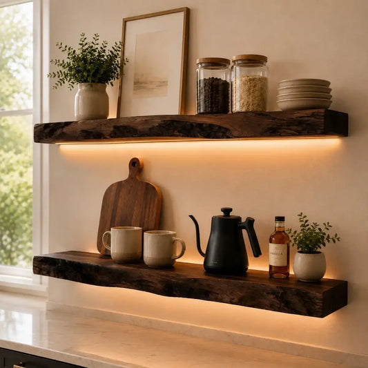 Solid wood live edge floating shelf with removable USB-C LED light