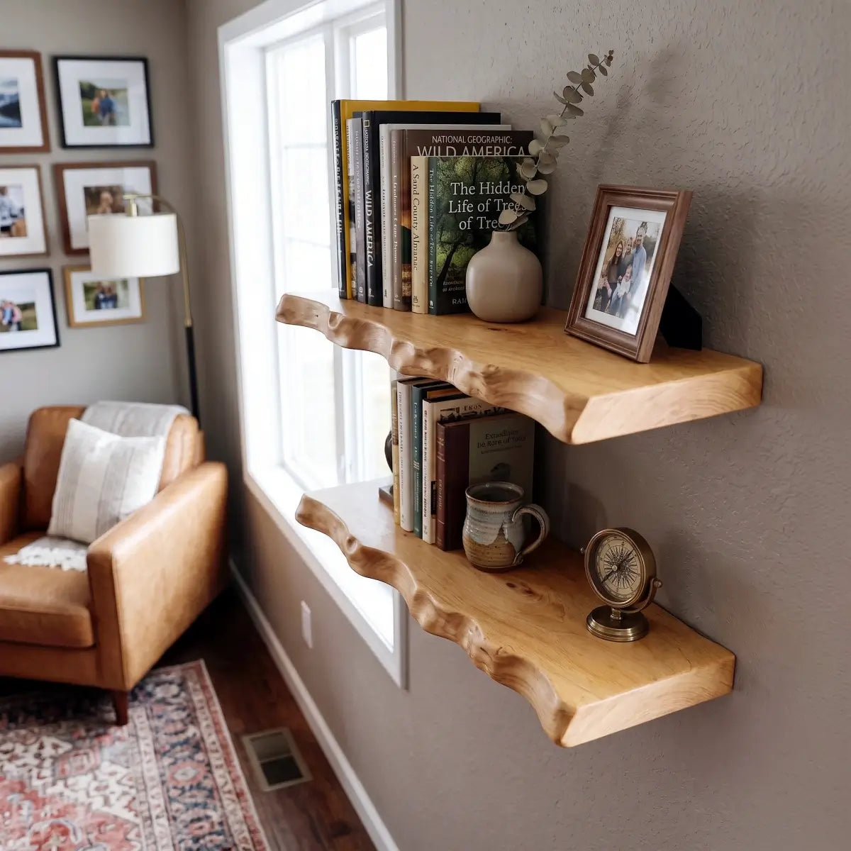 Solid Wood Organic Edge Floating Shelf – 1.2", 1.5" & 2" Thick Options