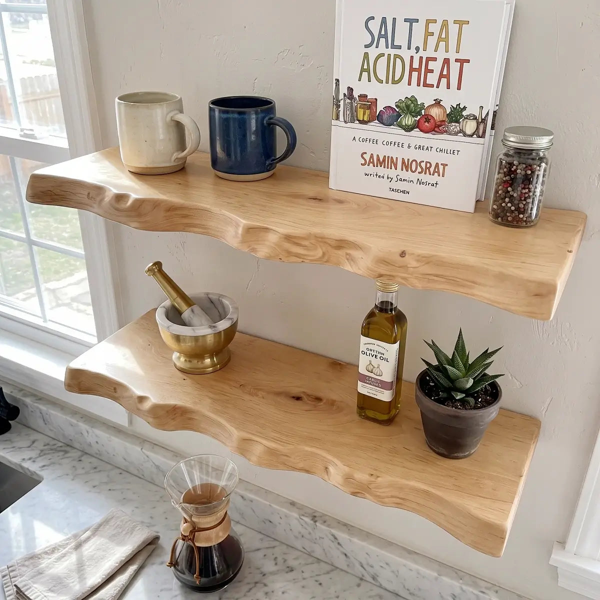 Solid Wood Organic Edge Floating Shelf – 1.2", 1.5" & 2" Thick Options