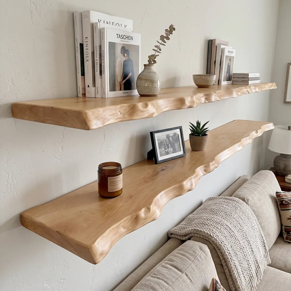 Solid Wood Organic Edge Floating Shelf – 1.2", 1.5" & 2" Thick Options