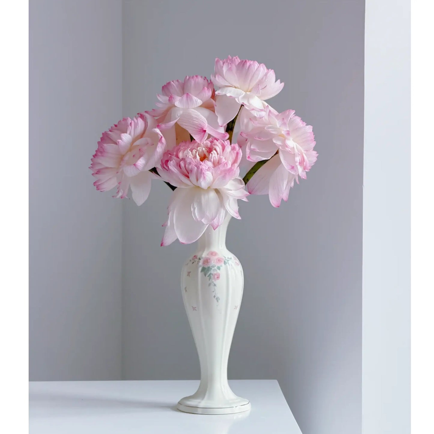 Vintage-Inspired Floral Ceramic Vase with Pink Rose Detail