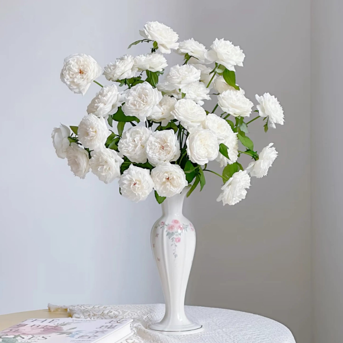 Vintage-Inspired Floral Ceramic Vase with Pink Rose Detail