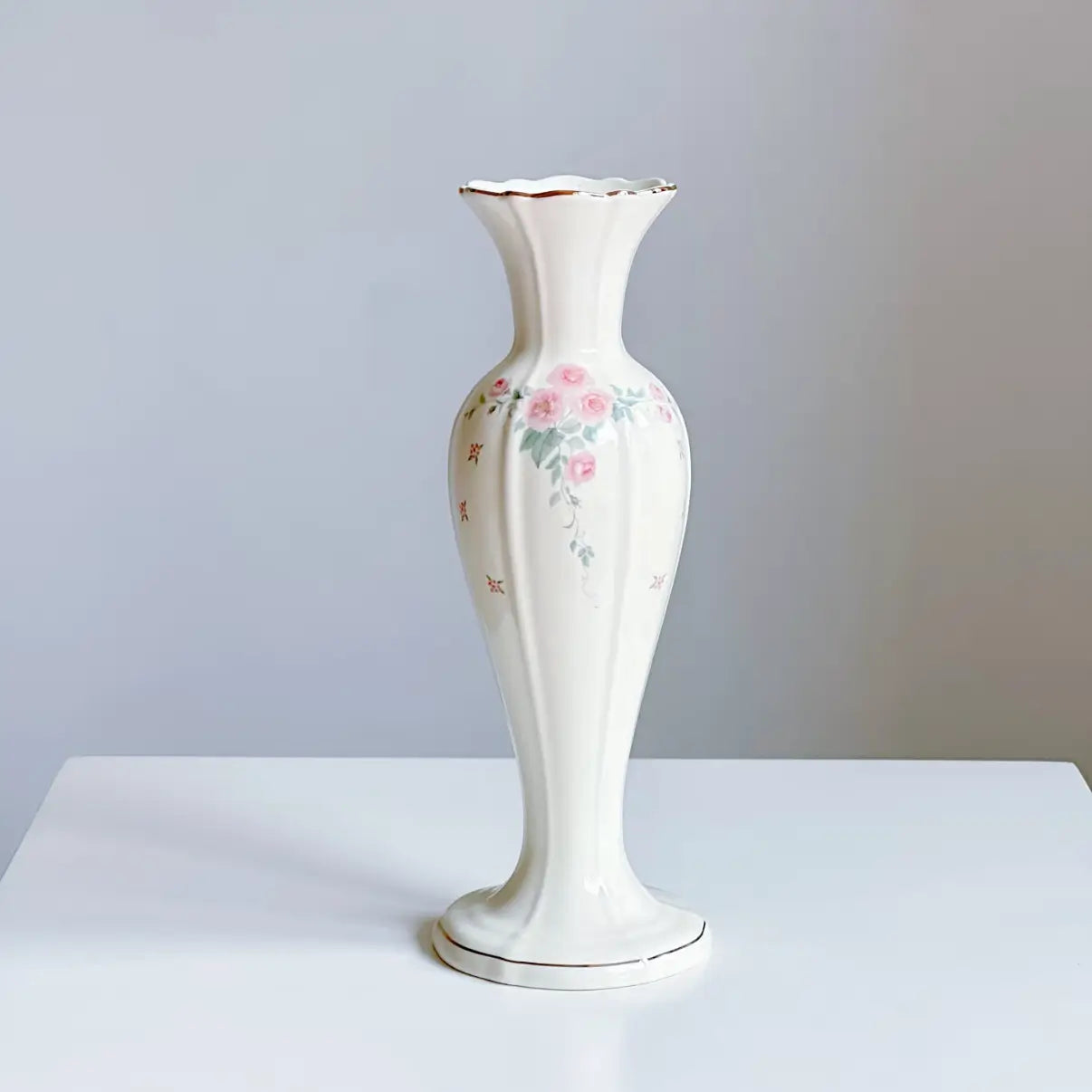 Vintage-Inspired Floral Ceramic Vase with Pink Rose Detail