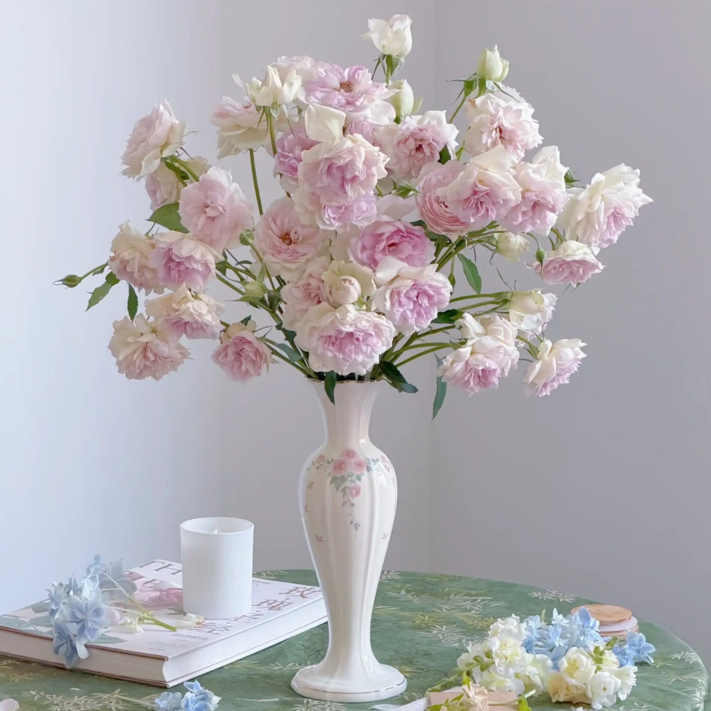 Vintage-Inspired Floral Ceramic Vase with Pink Rose Detail