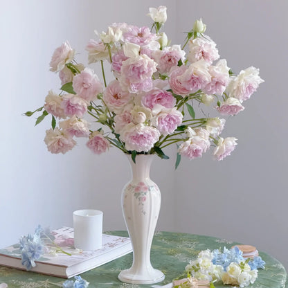 Vintage-Inspired Floral Ceramic Vase with Pink Rose Detail