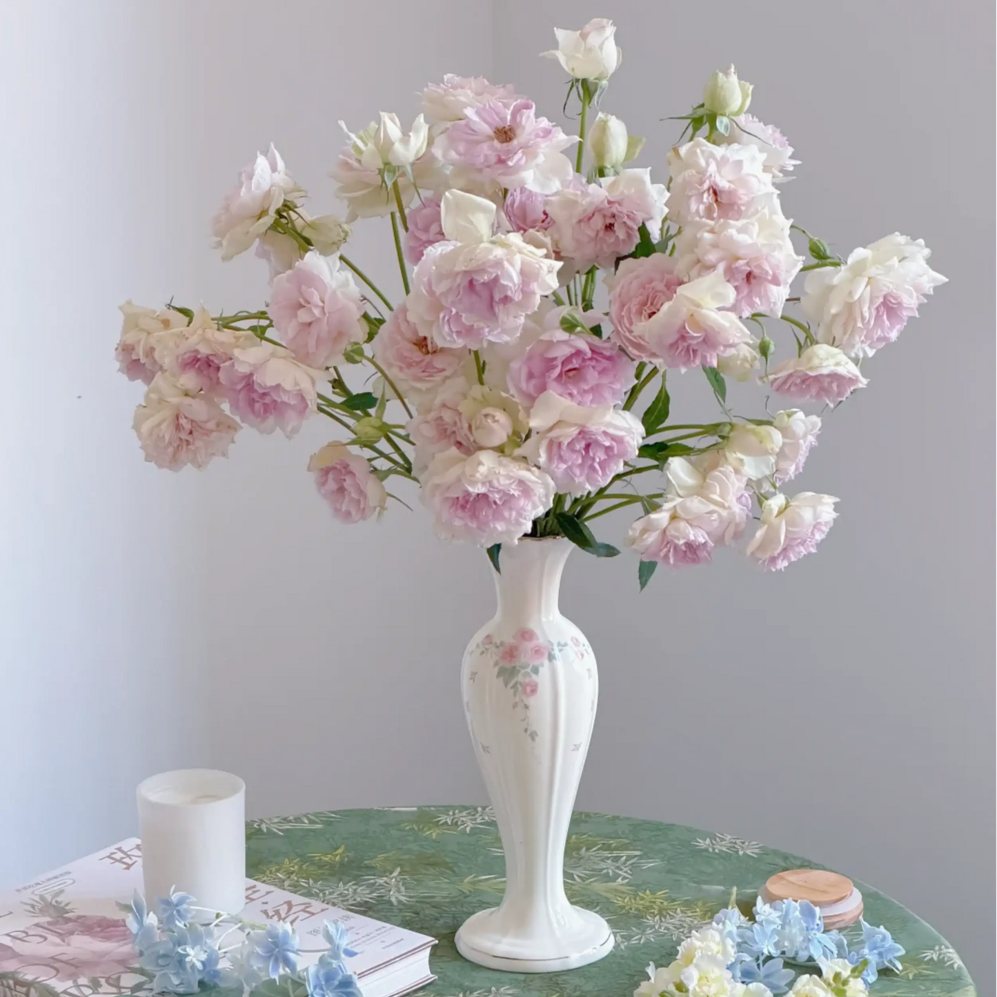 Vintage-Inspired Floral Ceramic Vase with Pink Rose Detail