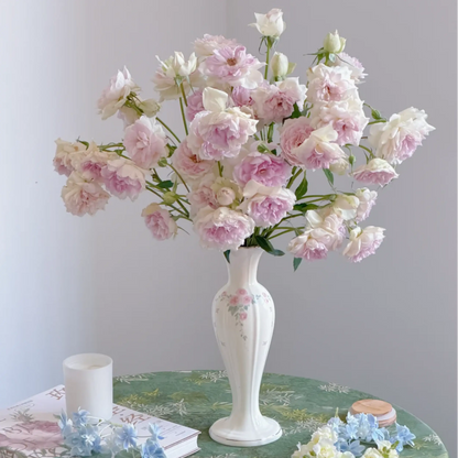 Vintage-Inspired Floral Ceramic Vase with Pink Rose Detail