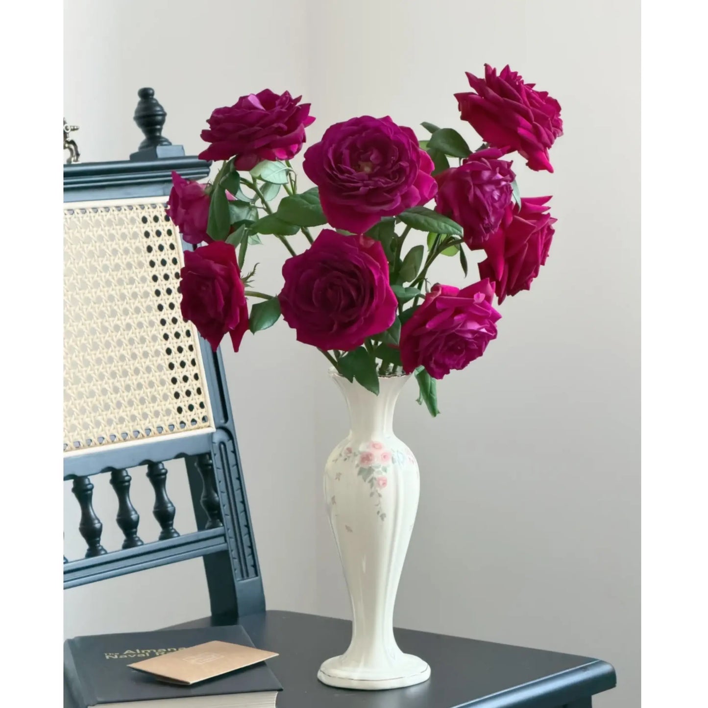 Vintage-Inspired Floral Ceramic Vase with Pink Rose Detail