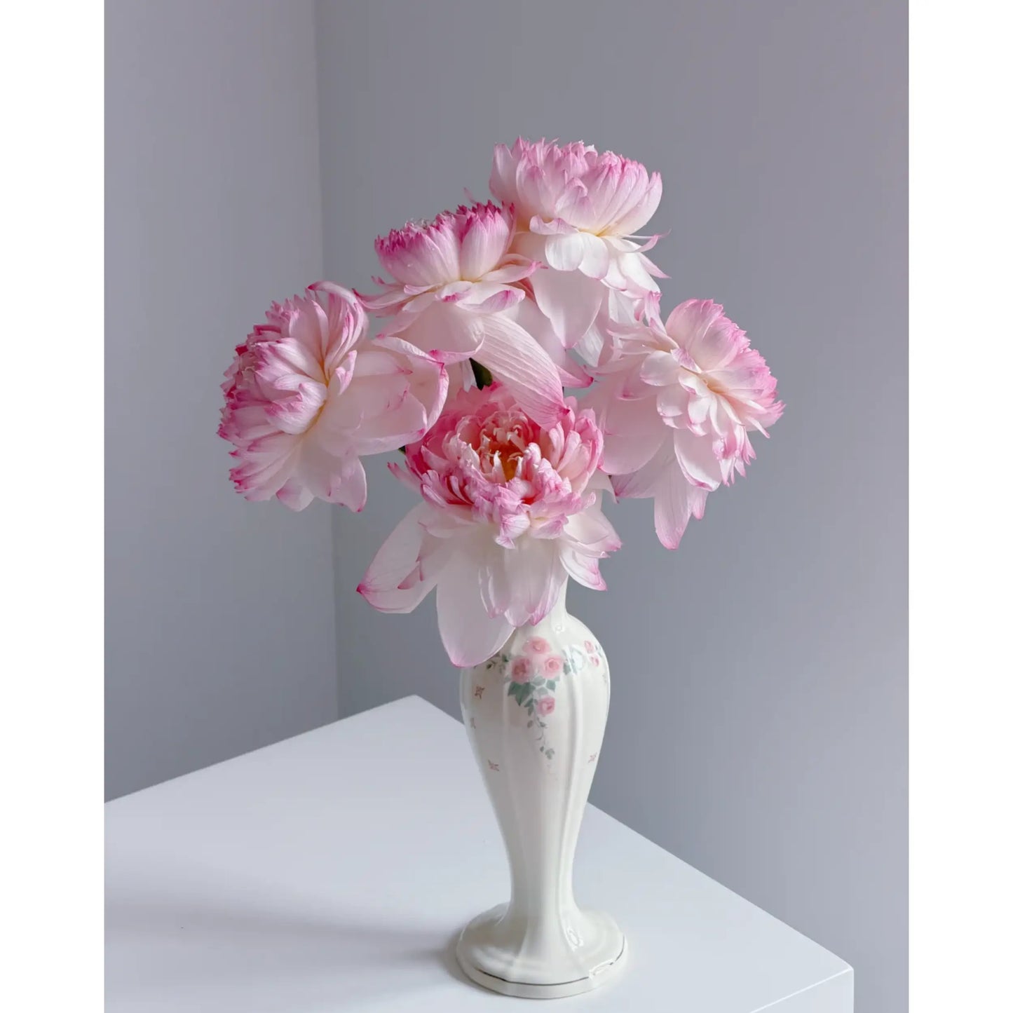 Vintage-Inspired Floral Ceramic Vase with Pink Rose Detail