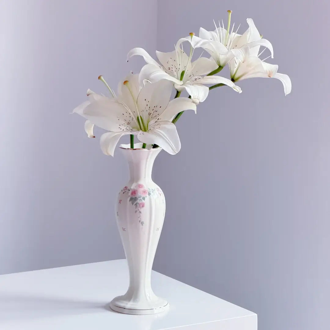 Vintage-Inspired Floral Ceramic Vase with Pink Rose Detail