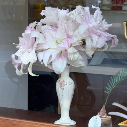 Vintage-Inspired Floral Ceramic Vase with Pink Rose Detail