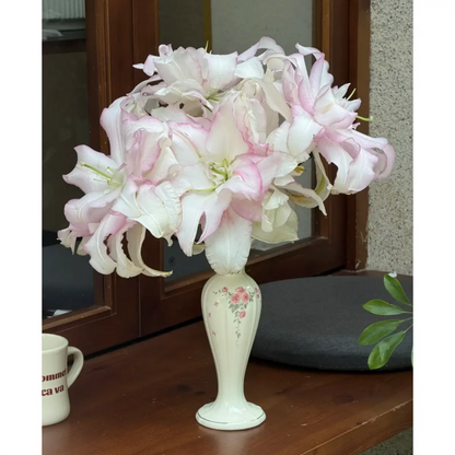 Vintage-Inspired Floral Ceramic Vase with Pink Rose Detail