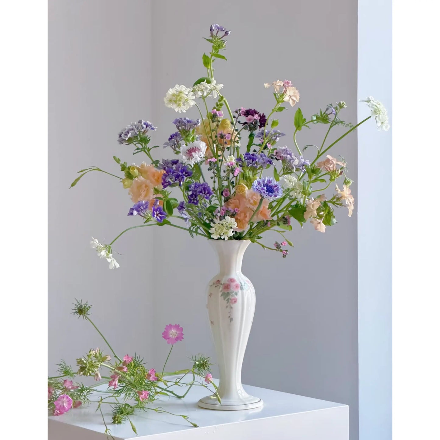 Vintage-Inspired Floral Ceramic Vase with Pink Rose Detail