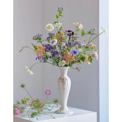 Vintage-Inspired Floral Ceramic Vase with Pink Rose Detail