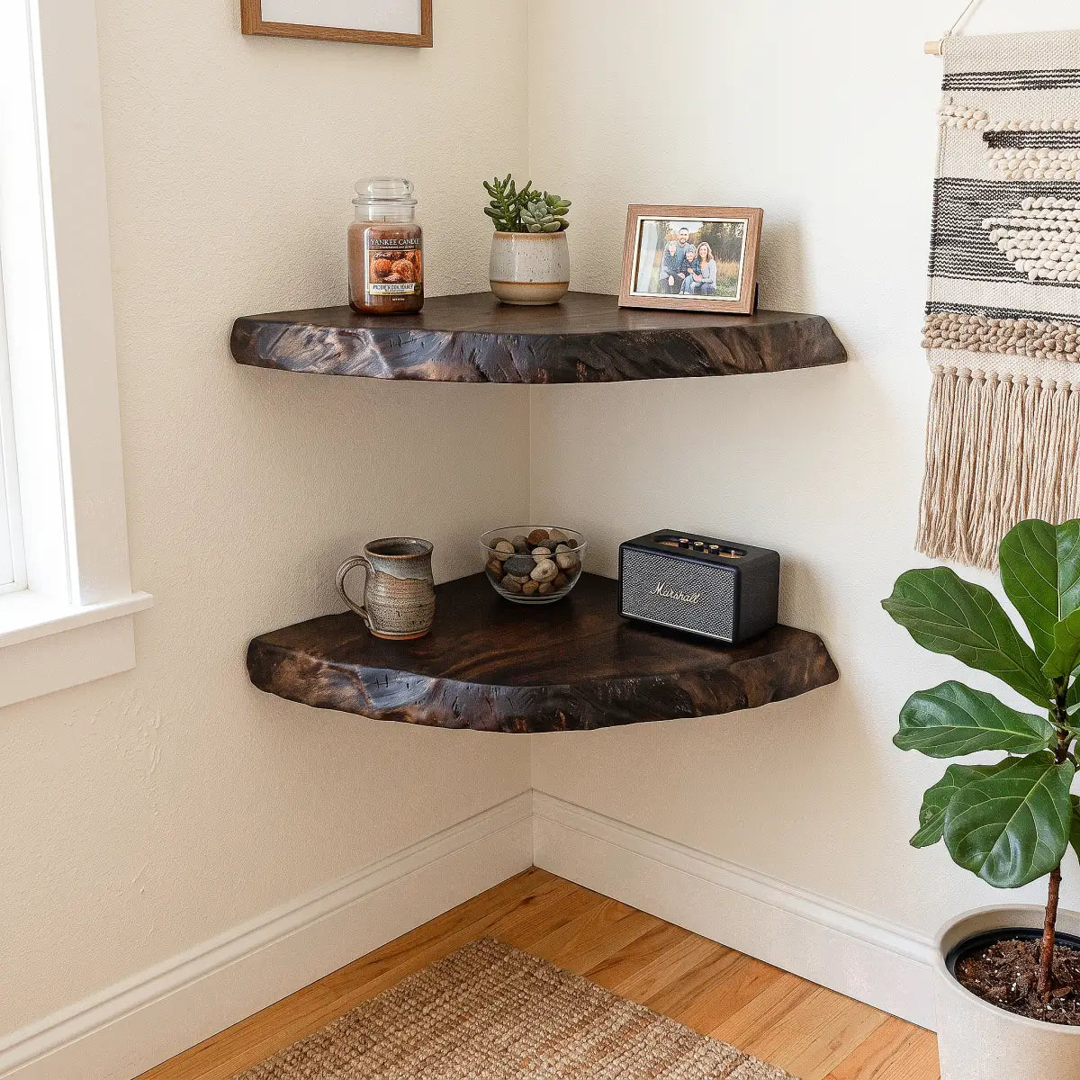 Live Edge Solid Wood Corner Floating Shelf