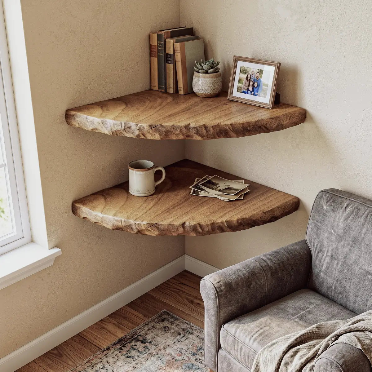 Live Edge Solid Wood Corner Floating Shelf