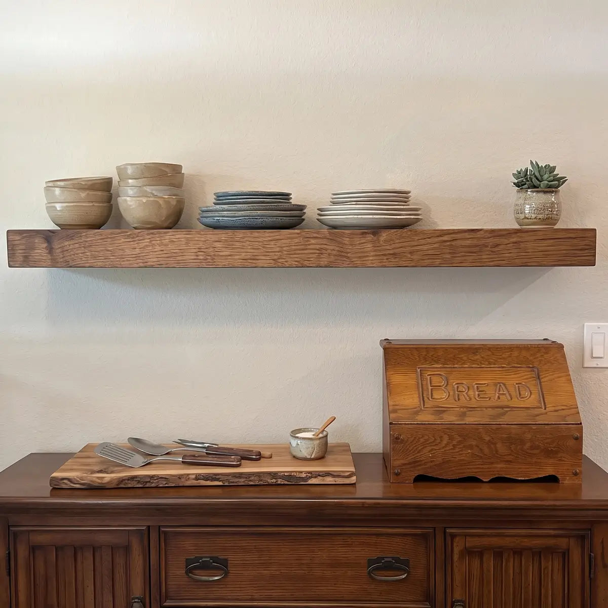 Solid Elm Wood Floating Shelf with Optional LED Light