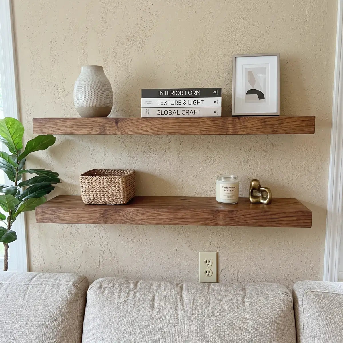 Solid Elm Wood Floating Shelf with Optional LED Light
