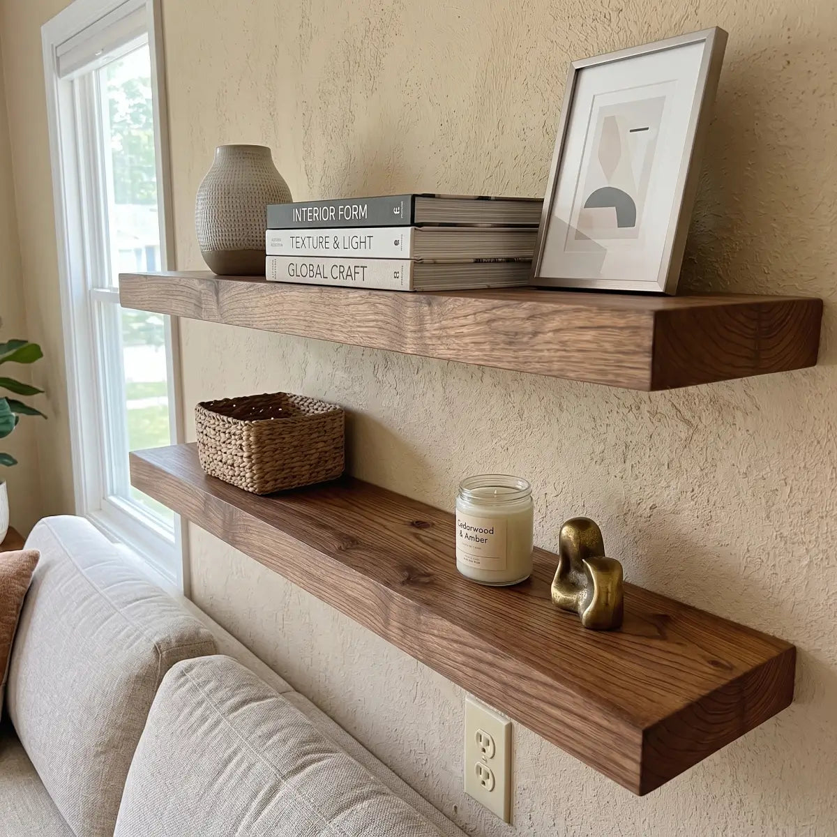 Solid Elm Wood Floating Shelf with Optional LED Light
