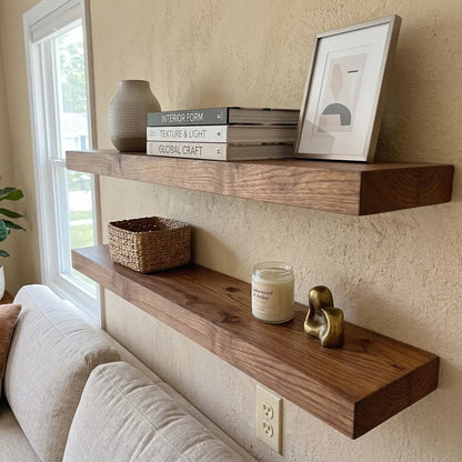 Solid Elm Wood Floating Shelf with Optional LED Light