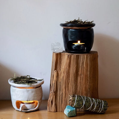 Handmade Ceramic Incense Burner – White & Black Tealight Design