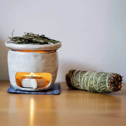 Handmade Ceramic Incense Burner – White & Black Tealight Design