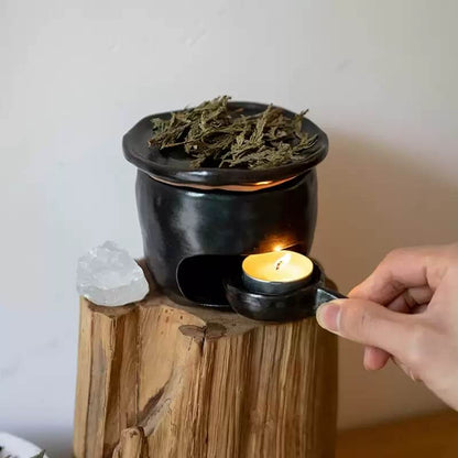 Handmade Ceramic Incense Burner – White & Black Tealight Design