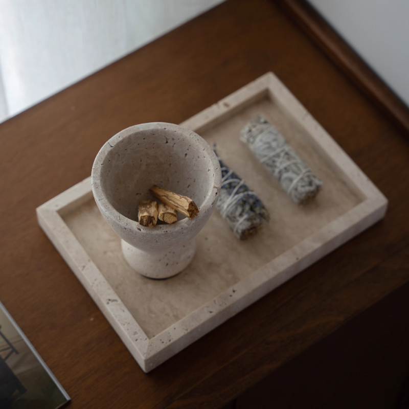 Natural Travertine Stone Incense Burner Set