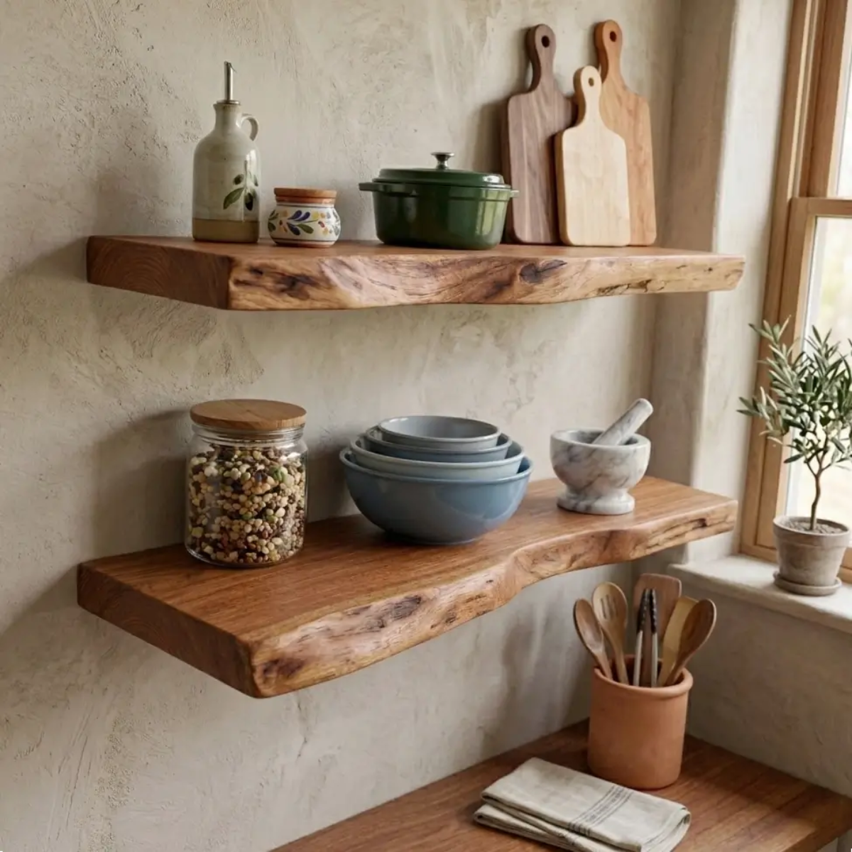 Rustic solid wood live edge wall shelf for kitchen or coffee bar storage