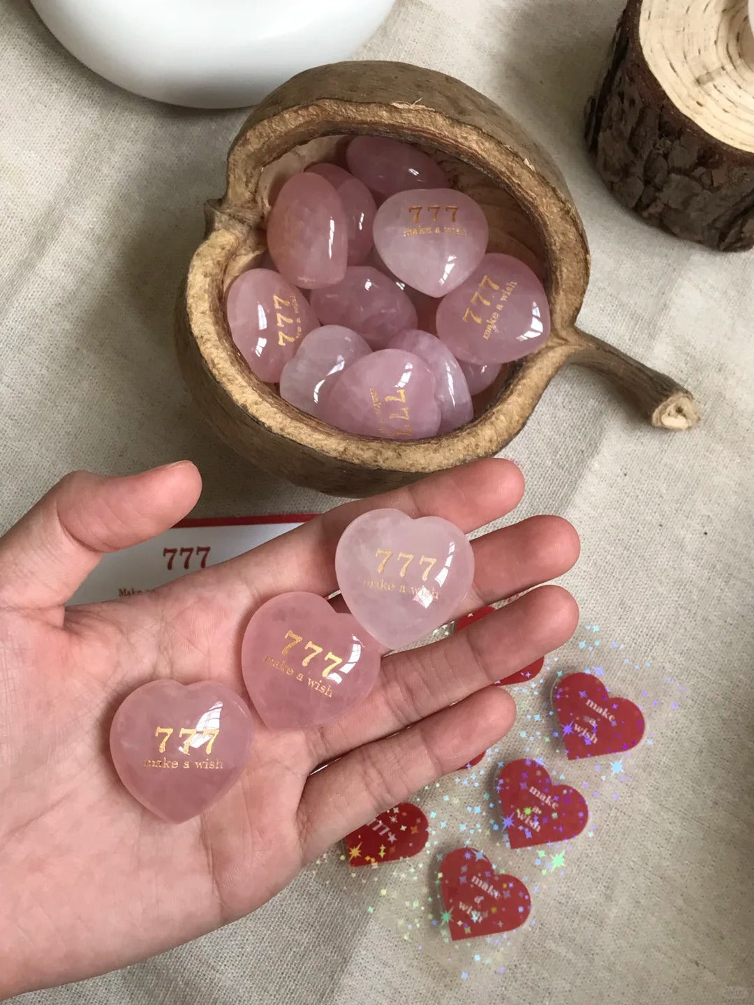 Rose Quartz Heart Stone - “777 Make a Wish”